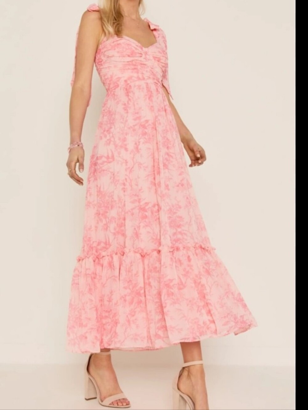 Francesca's Pink Floral Lined Maxi Dress with Tie-Strap Shoulders